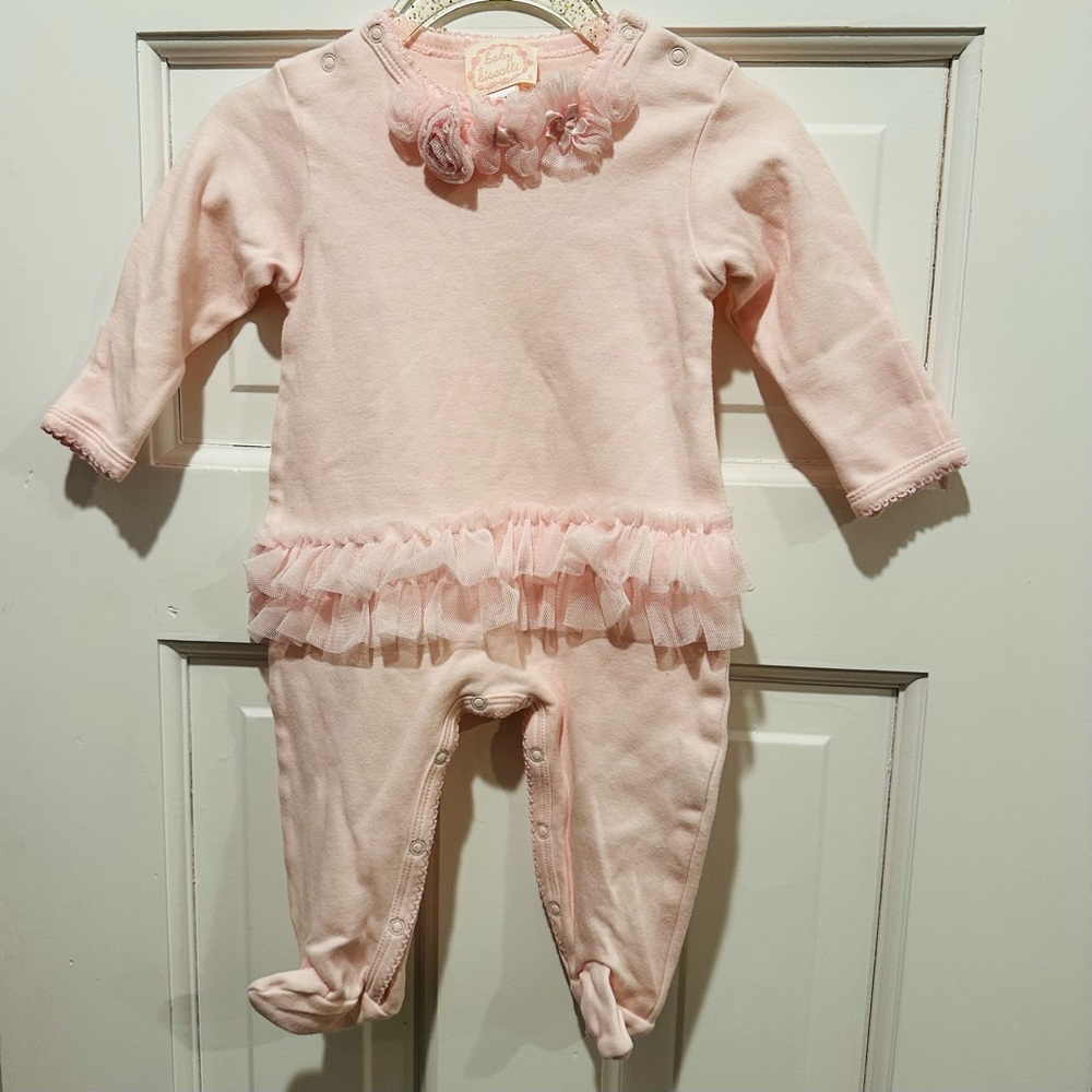 Baby Biscotti Blush Pink Footie w Floral & Ruffle Tulle Detail